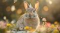 Cute bunny with a party hat in a garden - generative ai Royalty Free Stock Photo