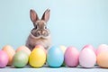 Cute bunny with pastel colored easter eggs on blue background with copy space Royalty Free Stock Photo