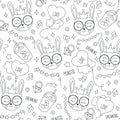 Cute bunny pattern on a white background. Black and white abstract outline seamless pattern. Drawing for kids clothes, t-shirts,