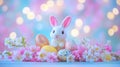 A cute bunny perches on a table surrounded by colorful Easter eggs, symbolizing the joy and renewal of the Easter Royalty Free Stock Photo