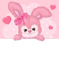 Cute bunny on a pink background with hearts with a banner. Children`s character.