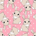 Cute Bunny on a pink background. Polkadot. Rabbit Vector illustration. Print design for baby textiles, cute fabric