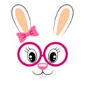 Cute bunny with pink bow and glasses. Girlish print with rabbit face for t-shirt Royalty Free Stock Photo