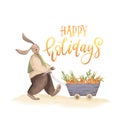 Cute bunny pulls a lot of carrots in wooden cart