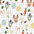 Cute bunny rabbit and bee flowers blooming seamless pattern in cartoon style seamless repeat Royalty Free Stock Photo