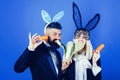 Cute bunny rabbit couple. Easter bunny dress. Happy easter egg couple. Funny easter.