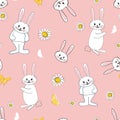 Cute bunny, rabbit and daisy and butterfly easter pattern. Happy easter greeting card, advertisement, fabric design seamless patte Royalty Free Stock Photo