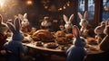 The cute bunny rabbit family sitting down to Thanksgiving day feast with turkey, stuffing, and pumpkins