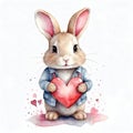 Cute bunny rabbit heart hare, watercolor illustration for valentines day card or print