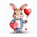 Cute bunny rabbit heart hare, watercolor illustration for valentines day card or print