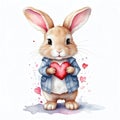 Cute bunny rabbit heart hare, watercolor illustration for valentines day card or print