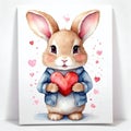 Cute bunny rabbit heart hare, watercolor illustration for valentines day card or print