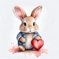 Cute bunny rabbit heart hare, watercolor illustration for valentines day card or print