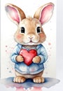 Cute bunny rabbit heart hare, watercolor illustration for valentines day card or print