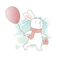 Cute Bunny Rabbit holding Balloon and Gift Box. ValentineÃ¢â¬â¢s day Greeting card.