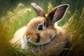 A cute bunny rabbit laying in tall grass