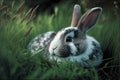 A cute bunny rabbit laying in tall grass