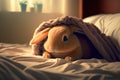 A cute bunny rabbit laying under a blanket on a bed in a bedroom. Created with Generative AI
