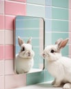 cute bunny rabbit looking at myself in the mirror on tiled color background. Royalty Free Stock Photo