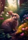 Cute Bunny rabbit sitting amongst flowers in a dreamy garden