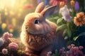 Cute Bunny rabbit sitting amongst flowers in a dreamy garden