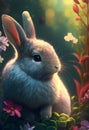 Cute Bunny rabbit sitting amongst flowers in a dreamy garden