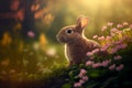 Cute Bunny rabbit sitting amongst flowers in a dreamy garden