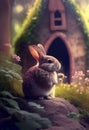 Cute Bunny rabbit sitting amongst flowers in a dreamy garden