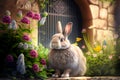 Cute Bunny rabbit sitting amongst flowers in a dreamy garden at Easter