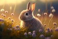 Cute Bunny rabbit sitting amongst flowers in a dreamy meadow field at Easter