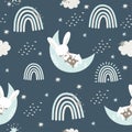 Cute bunny, rabbit sleeping on the moon. Night sky and stars. Rainbows, stars, clouds Royalty Free Stock Photo