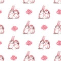 Cute bunny rabbit. Watercolor bunnies rabbits and pink peonies flower illustration.