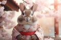 Cute Bunny Rabbit Wearing Kimono with Background of Cherry Blossoms in Japan Looks Beautiful