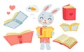 Cute bunny reading, baby rabbit character thinking about carrot in bubble, holding book