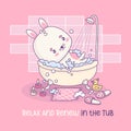 Cute bunny rests in bubble bath. Whimsical relaxed in bathroom cartoon kawaii animal character is shower. Vector Royalty Free Stock Photo