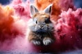 Bunny running trough multicolor powders explosion. Generative AI