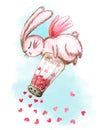 Cute bunny salt with hearts. Watercolor bunnÃÆ rabbit with hearts.