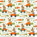 Cute bunny seamless pattern. Cartoon car. watercolor carrot illustration