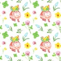 Watercolor floral seamless pattern with cute baby bunny on white background. Spring and summer flowers repeat print Royalty Free Stock Photo