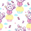 Cute bunny seamless pattern rabbit cartoon cupcake vector sweet dessert pastel color Kawaii food: Series Girly doodles pet zoo K