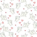 Cute Bunny. Seamless Pattern with rabbit. Funny cartoon characters with hearts isolated on a white background. Watercolor illustra Royalty Free Stock Photo