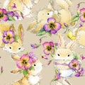 Cute bunny seamless pattern. rabbit watercolor illustration.