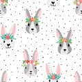 Cute bunny seamless Vector pattern with bunny heads wearing flower crowns. Sweet hand drawn nursery art seamless background. Dots