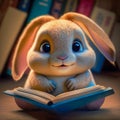 Cute bunny sits on the floor and reads a book in the library