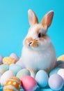 Rabbit Sitting in Front of a Pile of Eggs. Generative AI