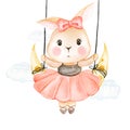 Cute bunny sitting on the moon swing watercolor illustration