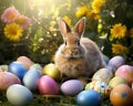 The cute bunny is sitting next to the eggs.