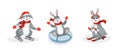 Cute bunny skiing, sledding, tubing, skating. Year of rabbit. Chinese New year 2023 symbol. Vector illustration in