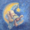 A cute bunny sleeps in a cradle on the moon, around a star. Artistic poster for a nursery on a blue background. Oil kids