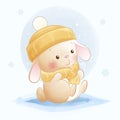 Cute bunny in snow cartoon illustration